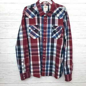 Levi's Shirt Men's Blue Burgundy Plaid Snap Front Long Sleeve Western XXL